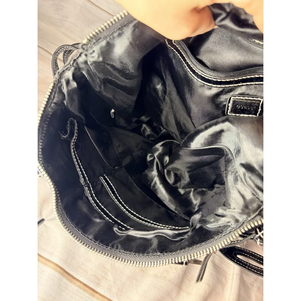 Y2K Guess‎ Black Shoulder Bag Buckle Studded Patent Canvas Chic Glam Designer